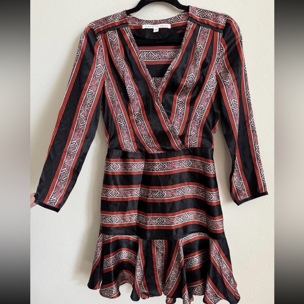 Veronica Beard Flounce Mini Dress Ivy Black Red Striped Silk Size 0